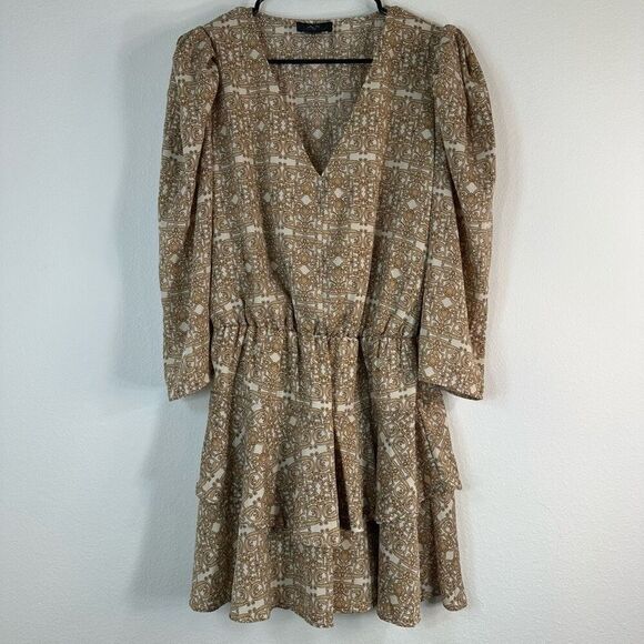 AX Paris Boho Tan Tiered Babydoll Dress Puff Sleeves Womens 14 Camel Chain Print - Picture 1 of 9